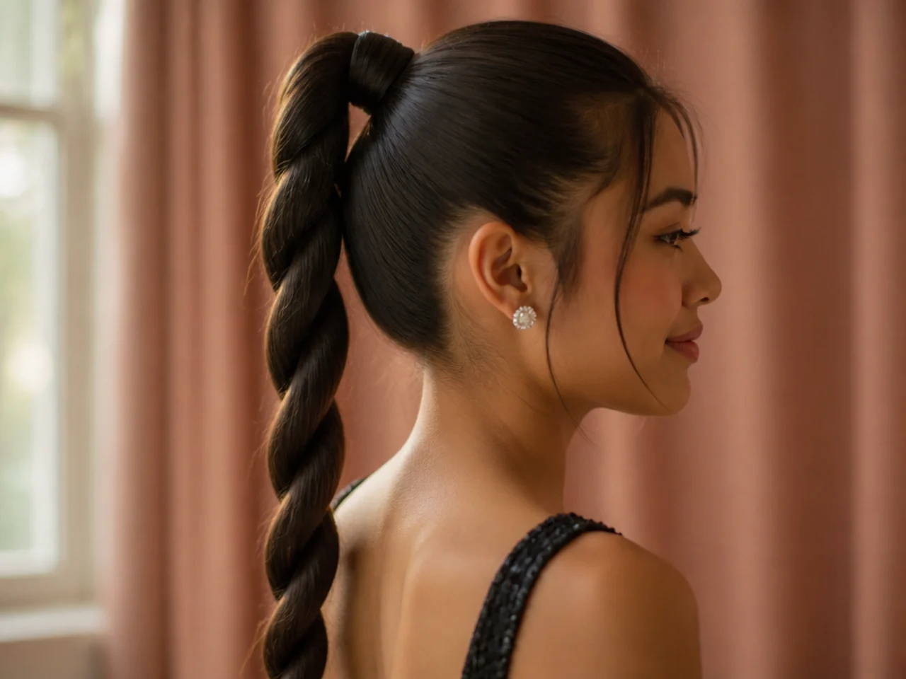 A high ponytail twisted into a rope with a wrapped base