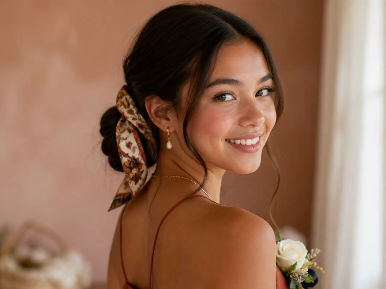 A patterned silk scarf knotted around the base of a low bun