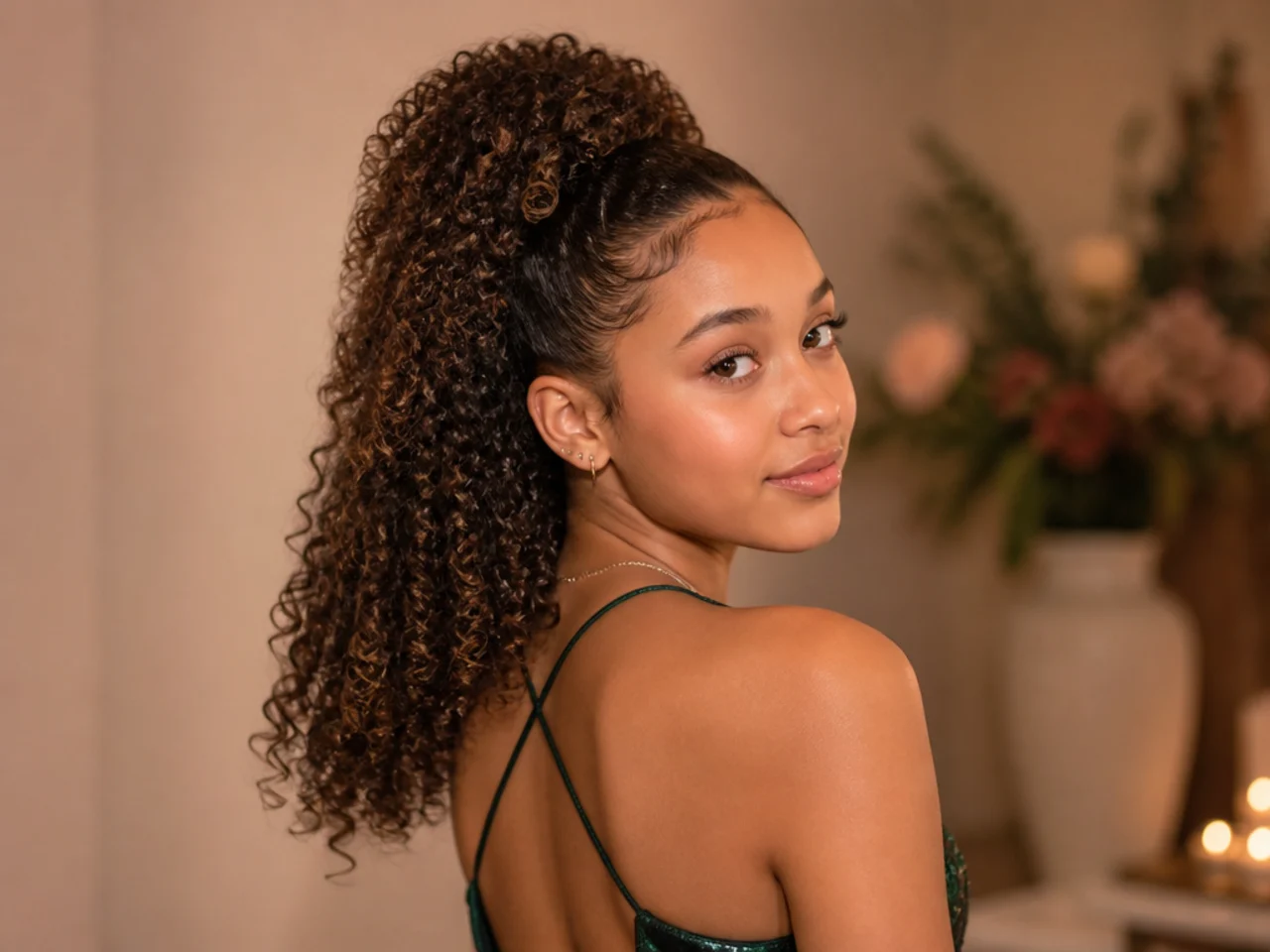 A curly half up puff gathered at the crown with defined curls falling behind