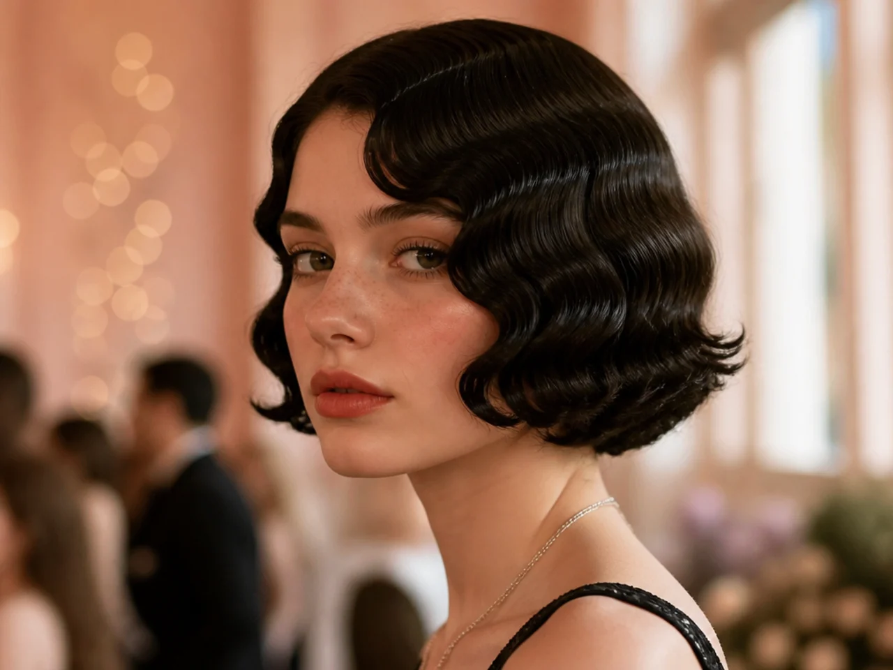 Glossy finger waves pressed into a chin length bob