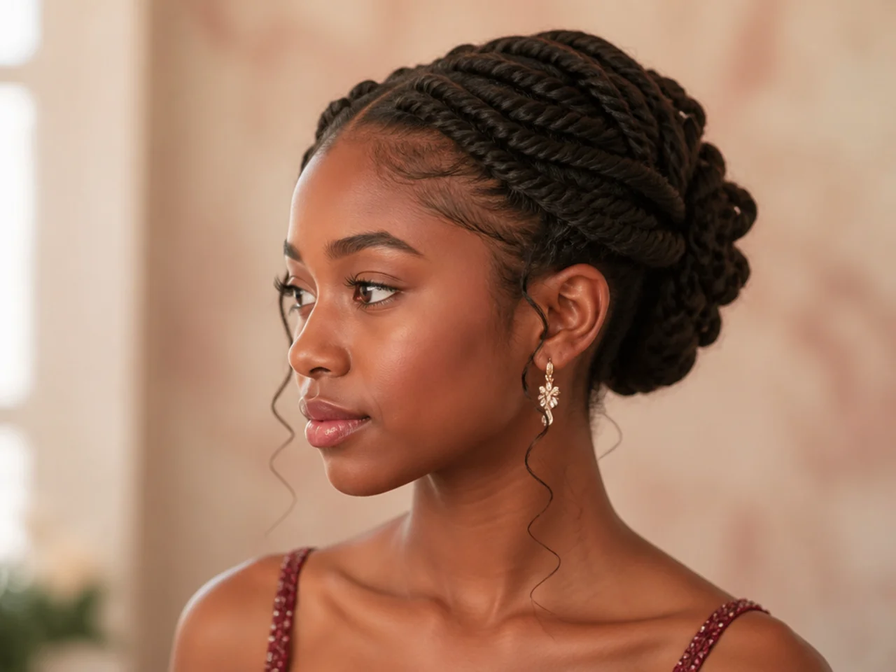 Two strand twists gathered and pinned into a sculpted updo