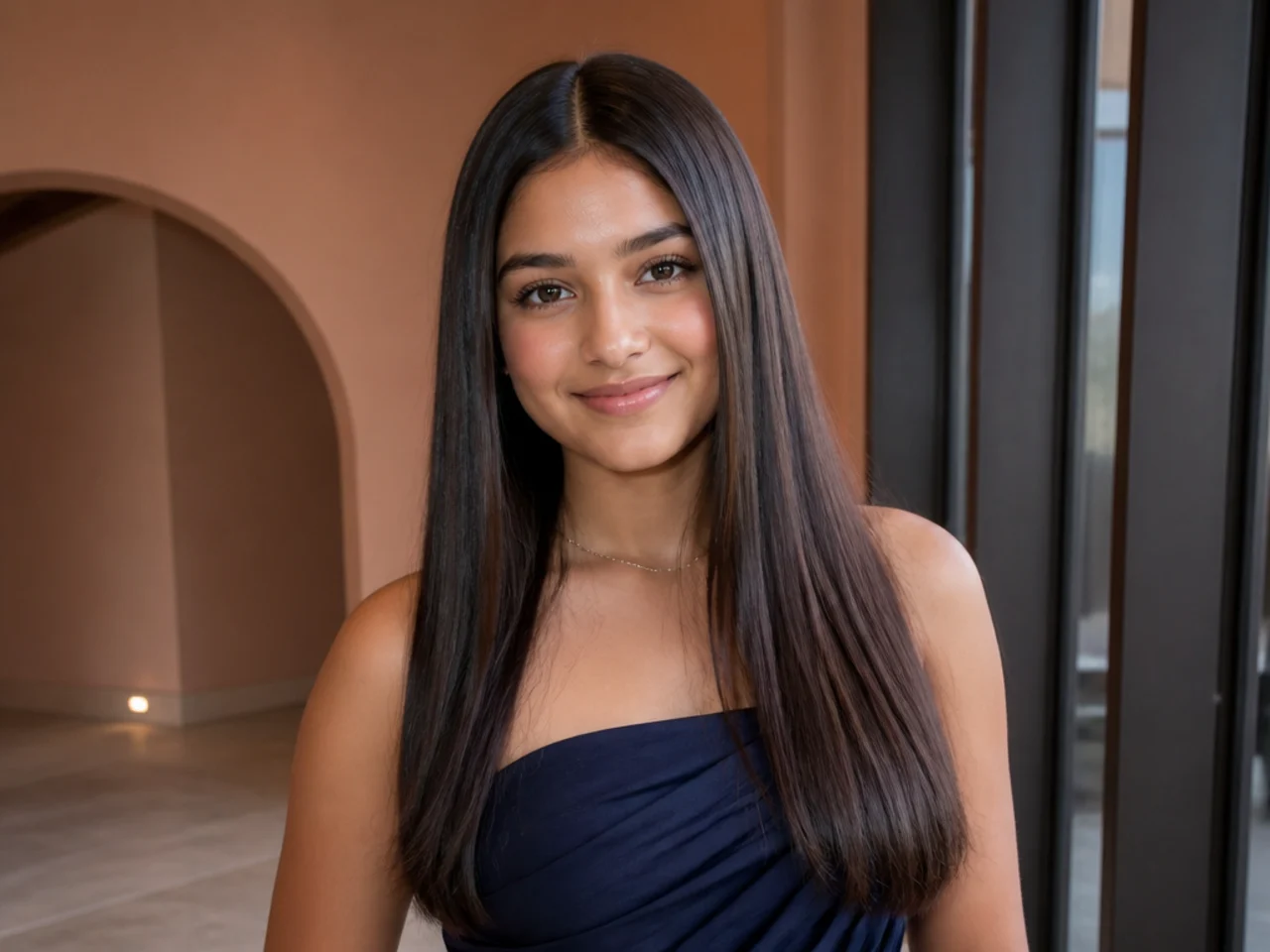 Poker straight glossy hair worn down with a centre parting