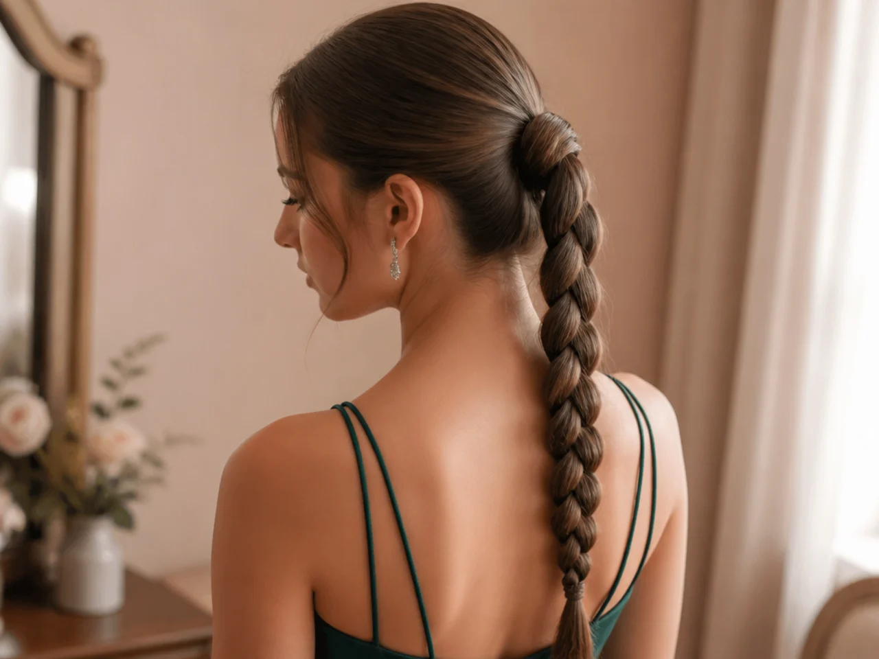A ponytail braided down its length with hair wrapped around the base