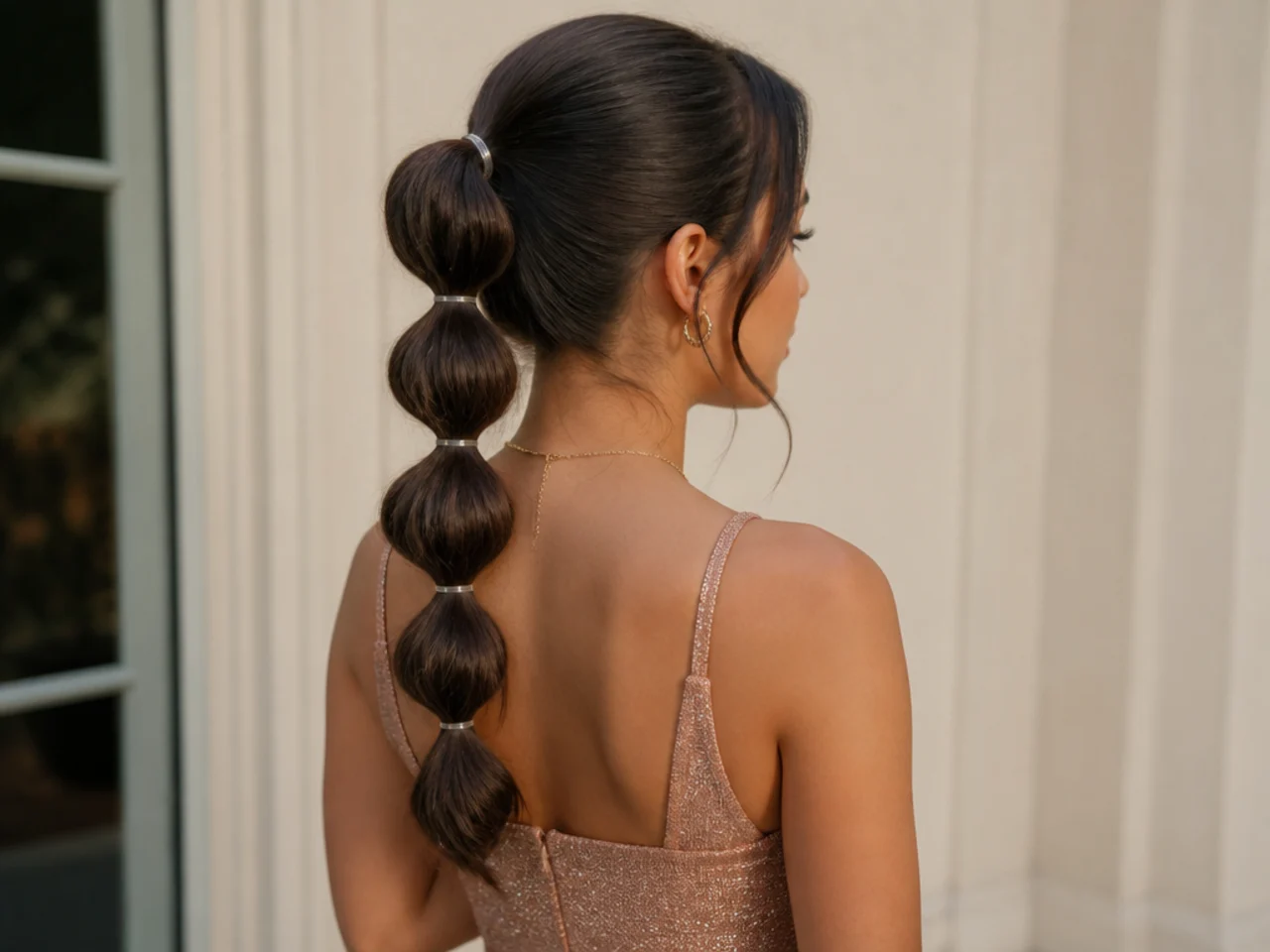 A long ponytail divided into rounded bubbles by clear elastics