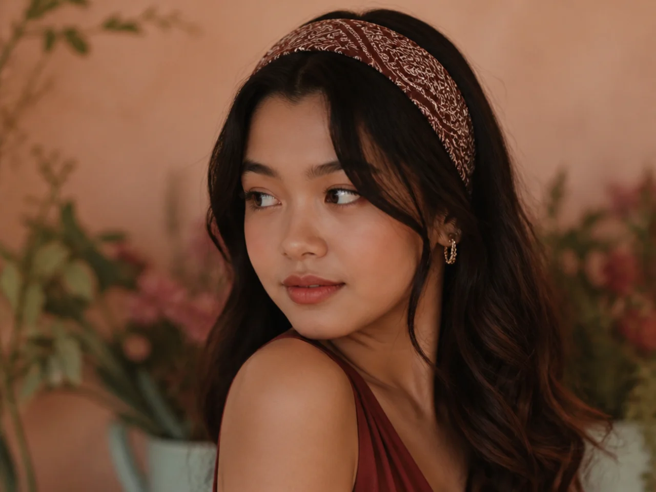 A folded bandana worn as a headband across the crown with the knot hidden underneath