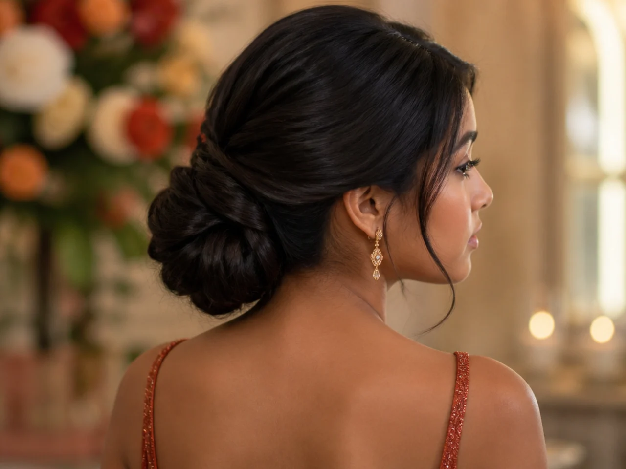 A rolled chignon sitting low at the nape of the neck