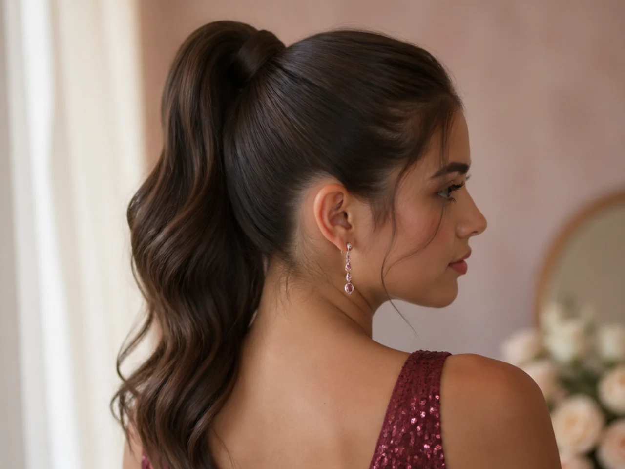 A high ponytail with a section of hair wrapped around the base to hide the elastic