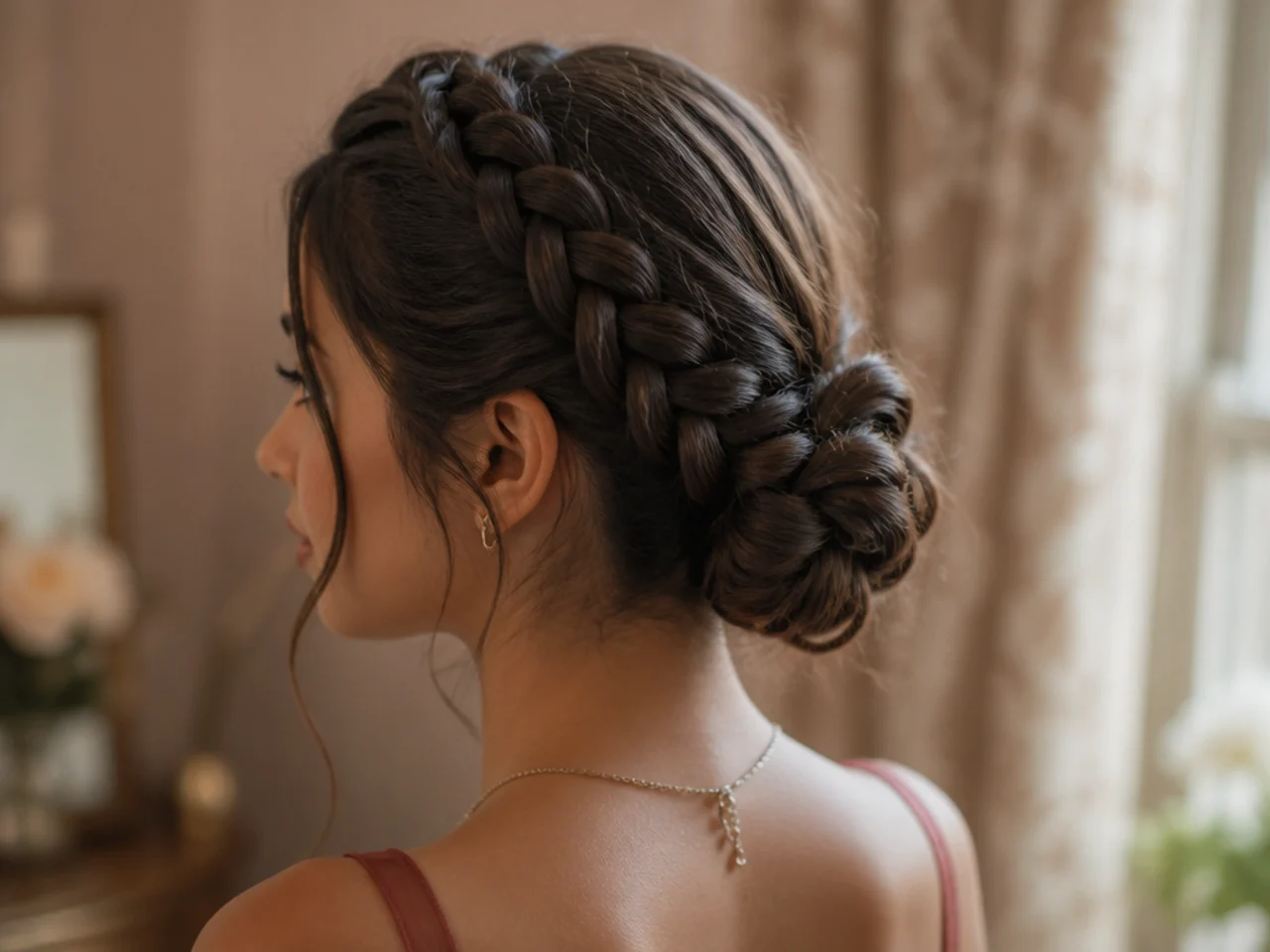 A dutch braid running down the back of the head into a coiled low bun