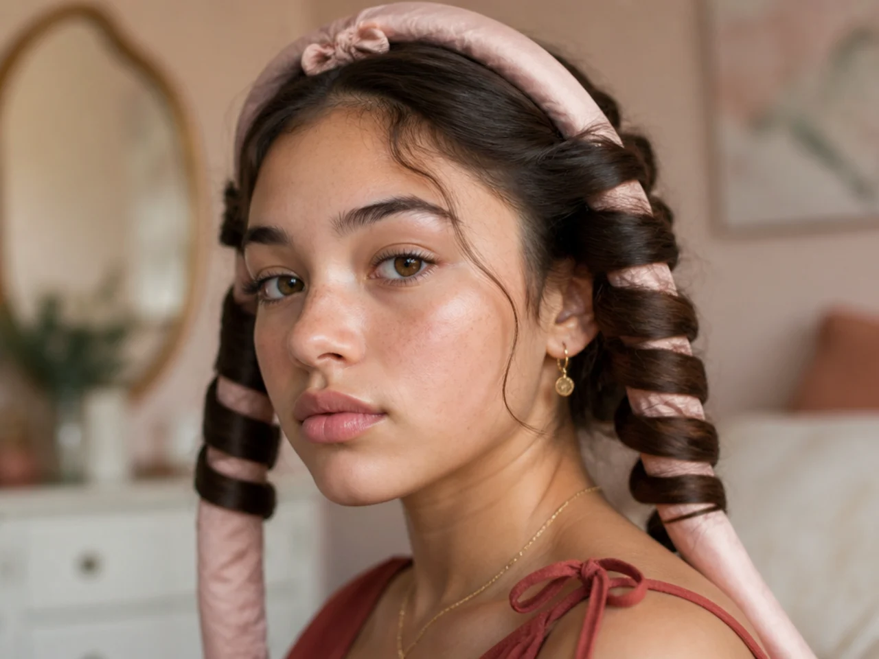 Damp hair wrapped around a soft fabric cord for overnight curls