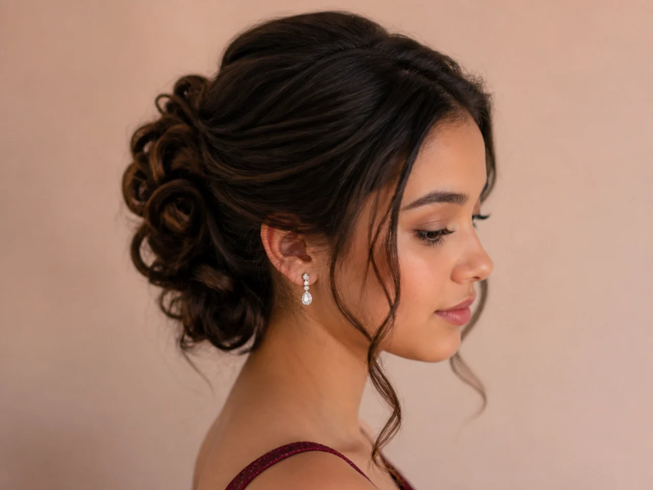 A finished formal updo photographed from the side against a plain background