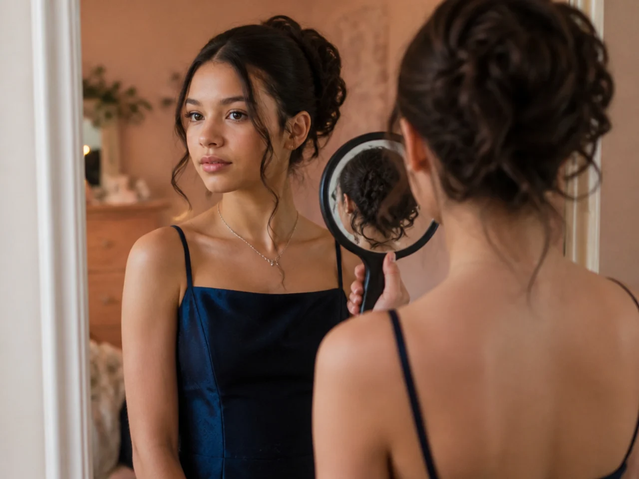 A girl practising an updo in a bedroom mirror with a hand mirror held behind her head