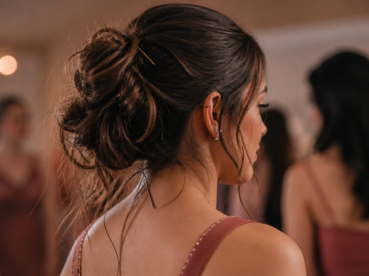 A collapsing updo with pins visibly slipping out at the back