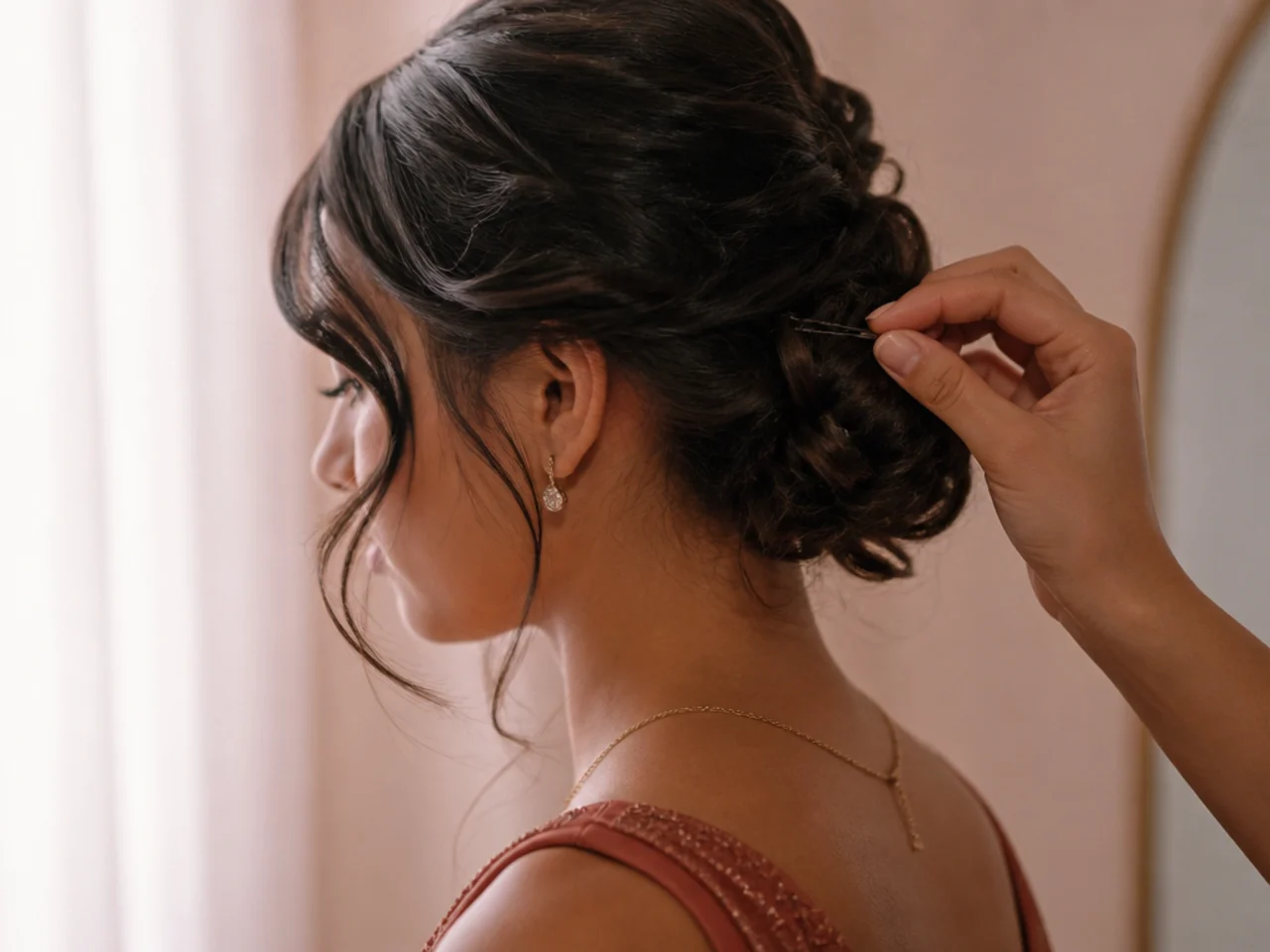A hand pushing a bobby pin back into a loosening updo