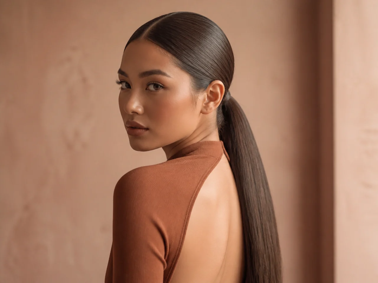 A slicked low ponytail on long hair