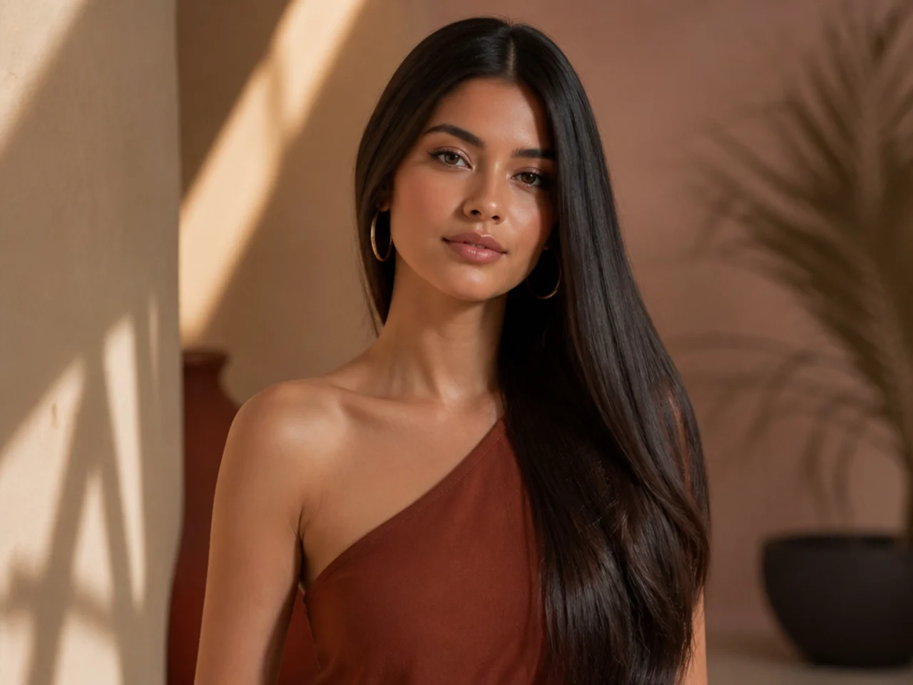 Long straight hair worn over one shoulder