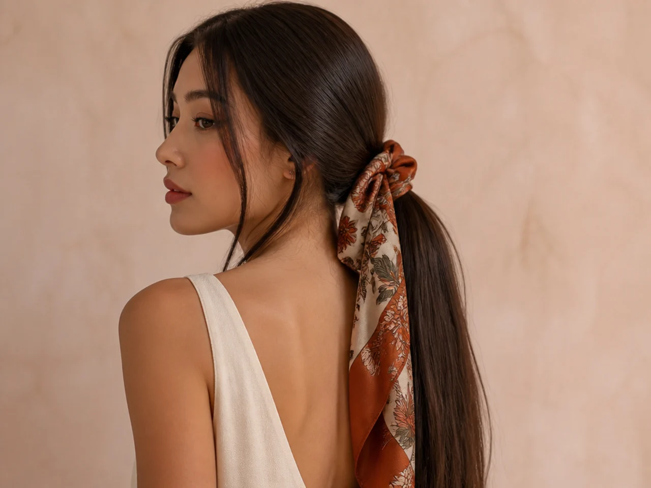 Long hair tied with a scarf