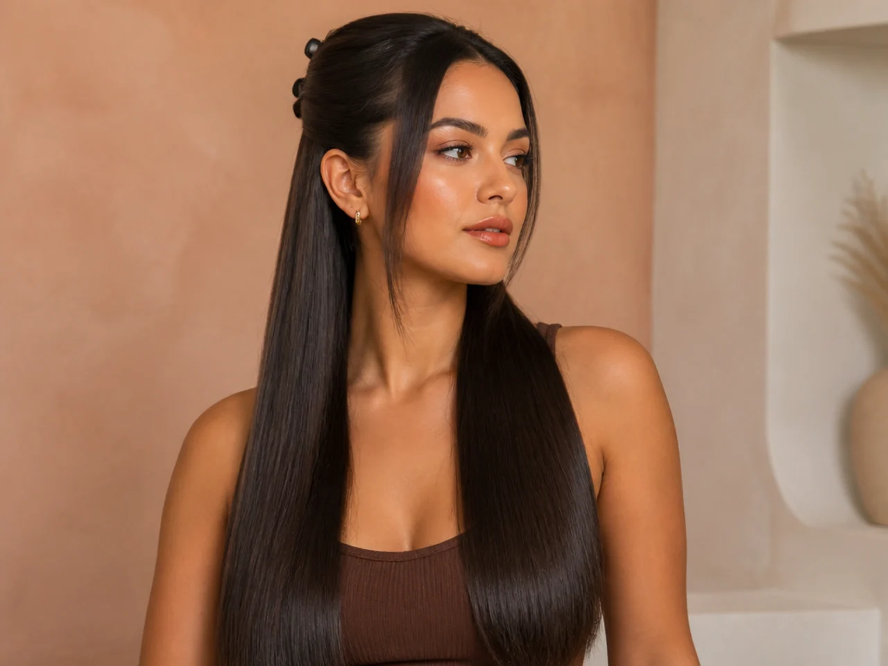 Long thick straight hair divided and secured