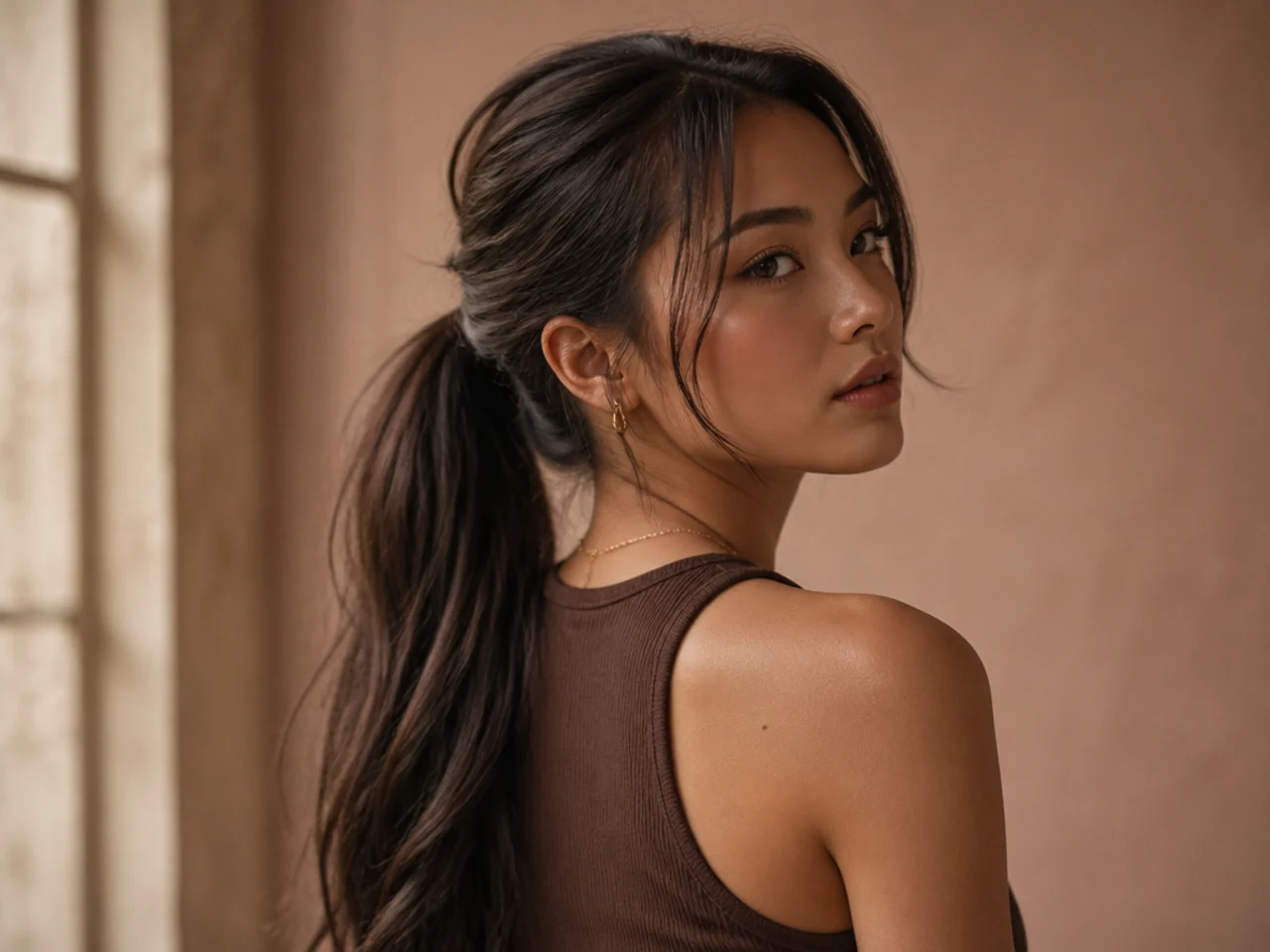 A high ponytail that has slipped down long hair