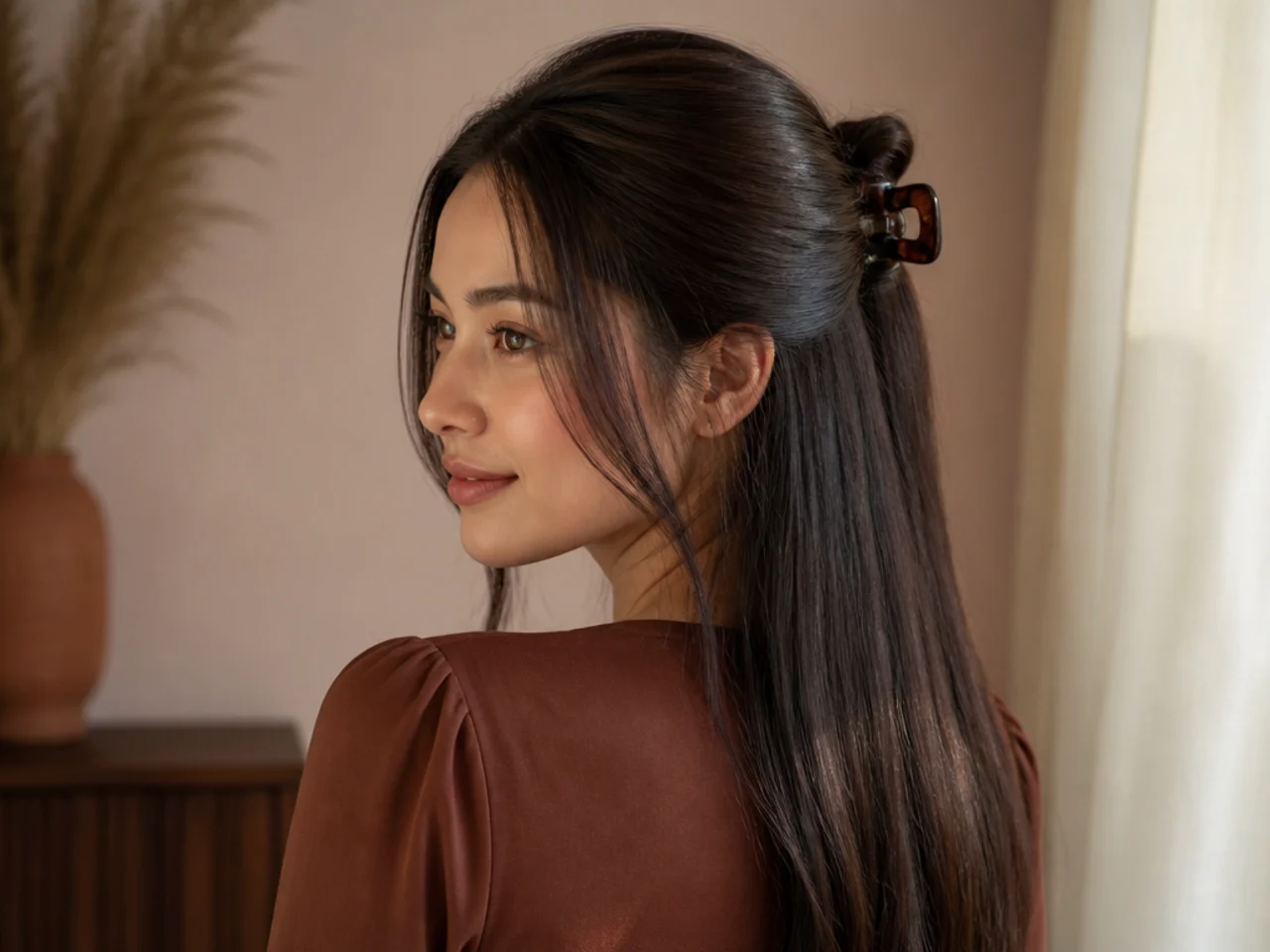 A half-up with a large claw clip on long hair
