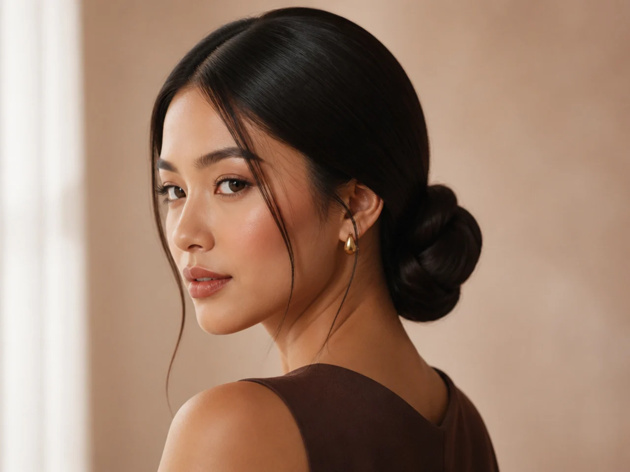 A low chignon on long straight hair