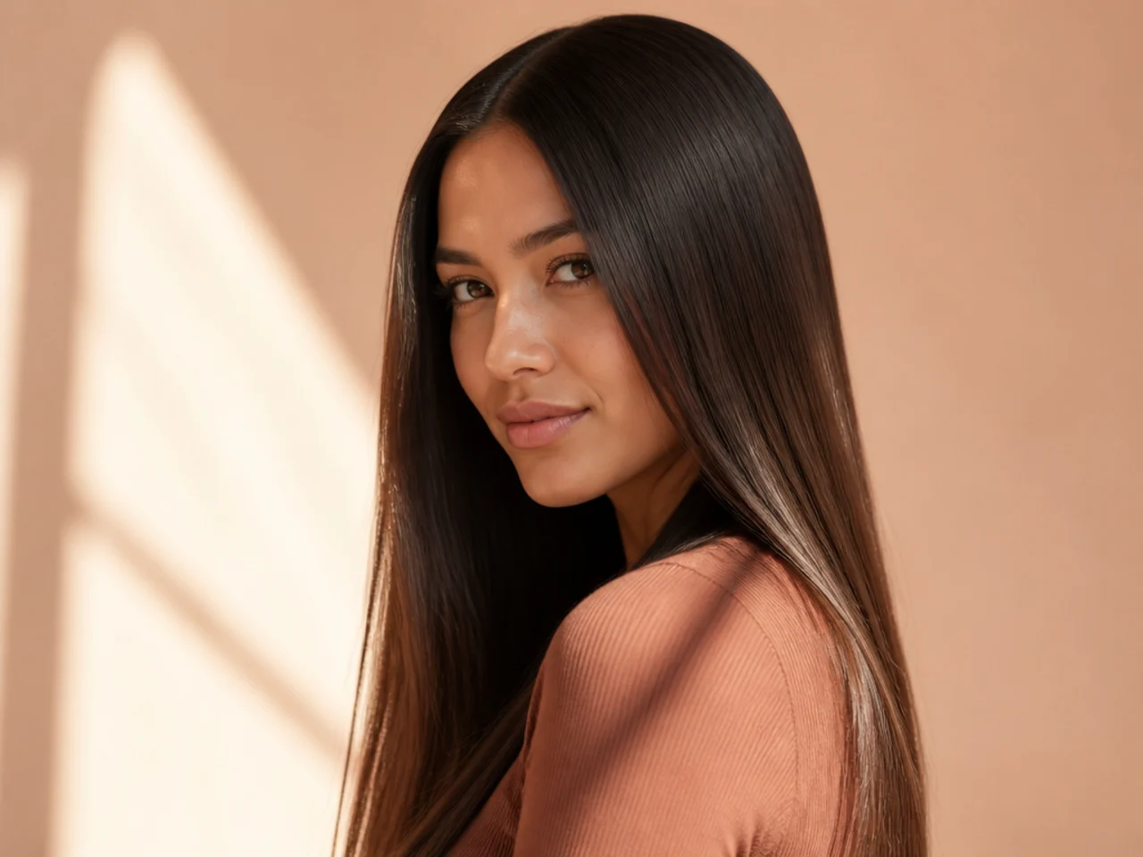 Three-quarter view of styled long straight hair