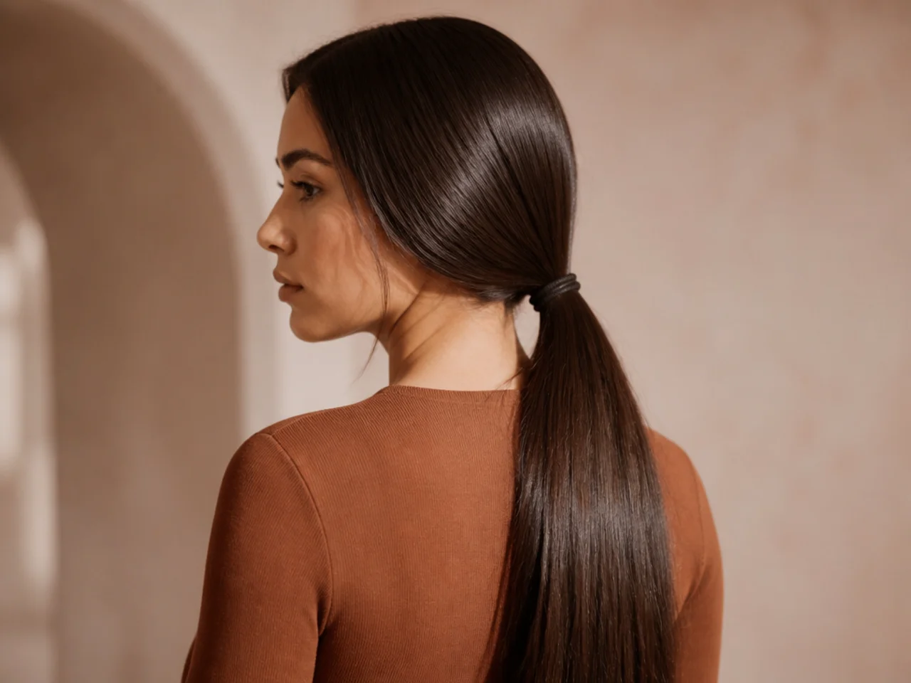 A single tie strained by long heavy hair