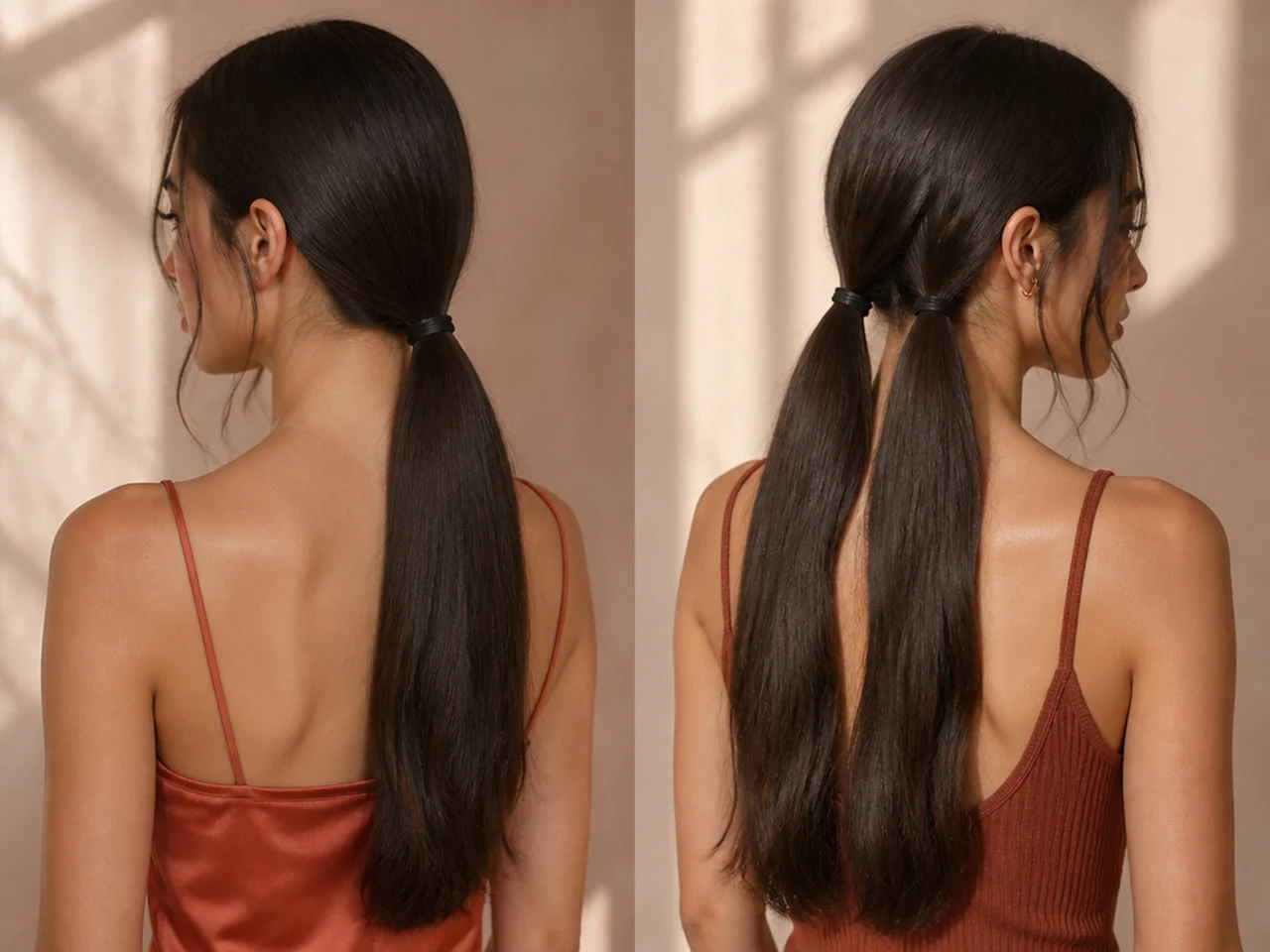 One fastening compared with two on long hair