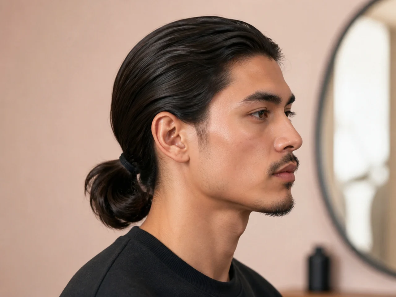 Low nape ponytail medium length mens hairstyle tied at the neck