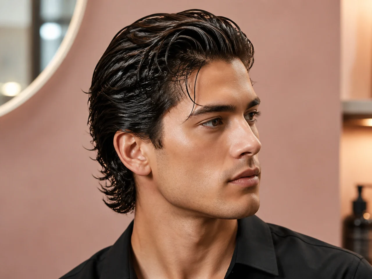 Wet look sweep medium length hair styled with high shine gel