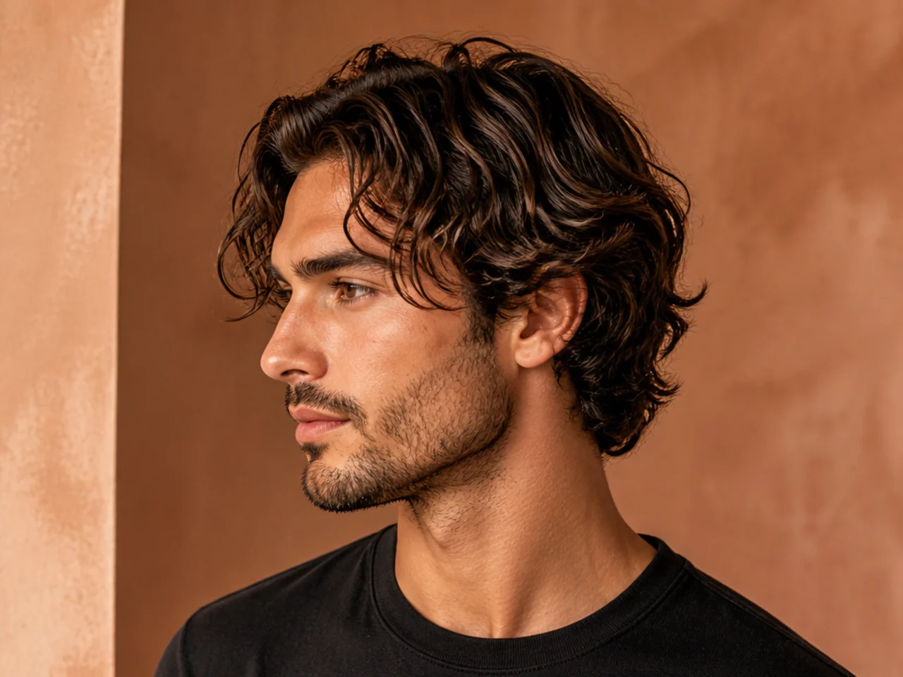 Air dried natural wave medium length hairstyle for wavy haired men