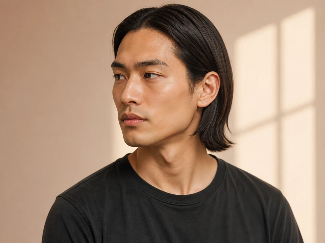 Straightened sleek look medium length mens hairstyle with flat iron finish