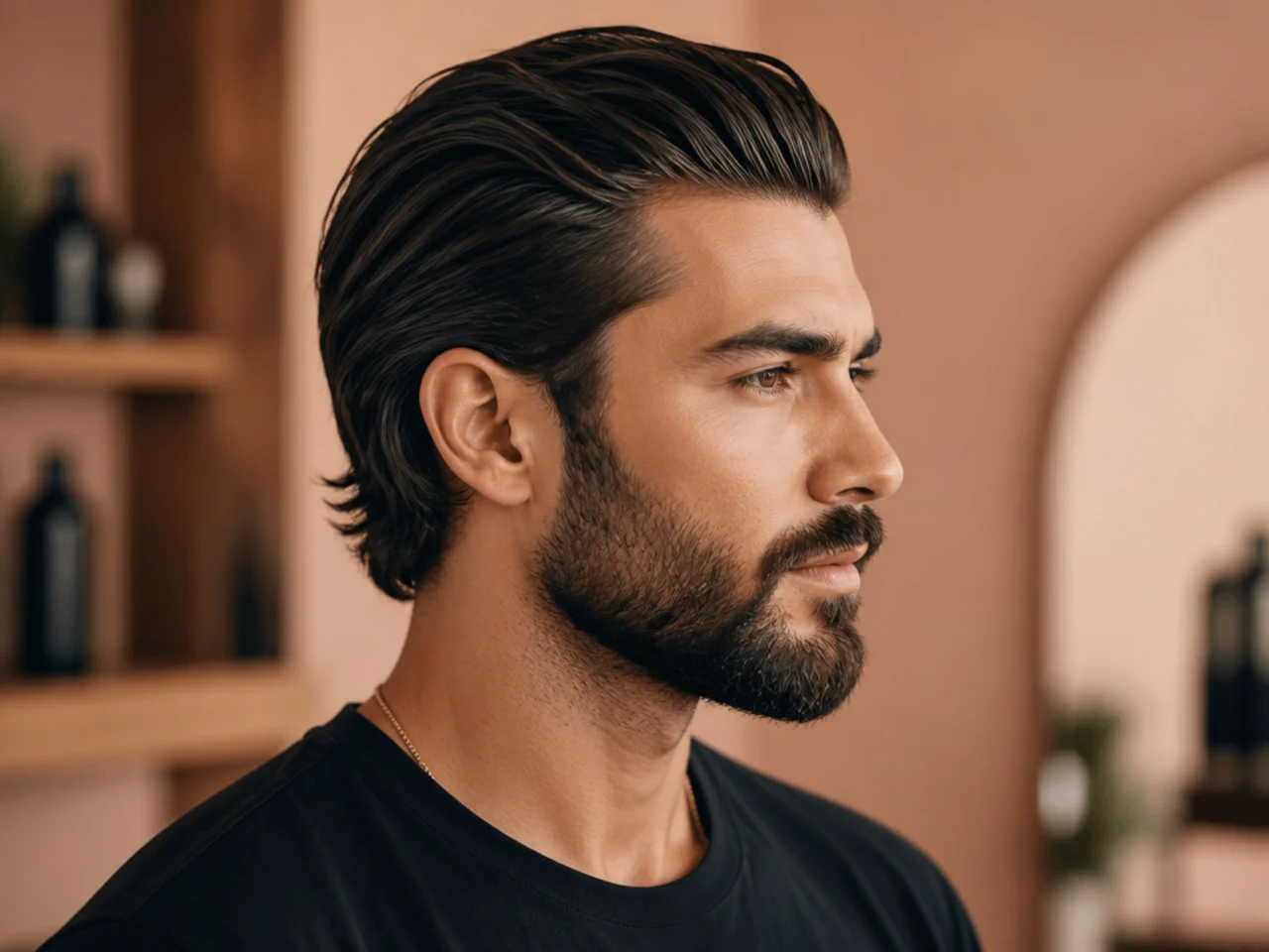 Slick back with beard fusion medium hairstyle for men with connected beard