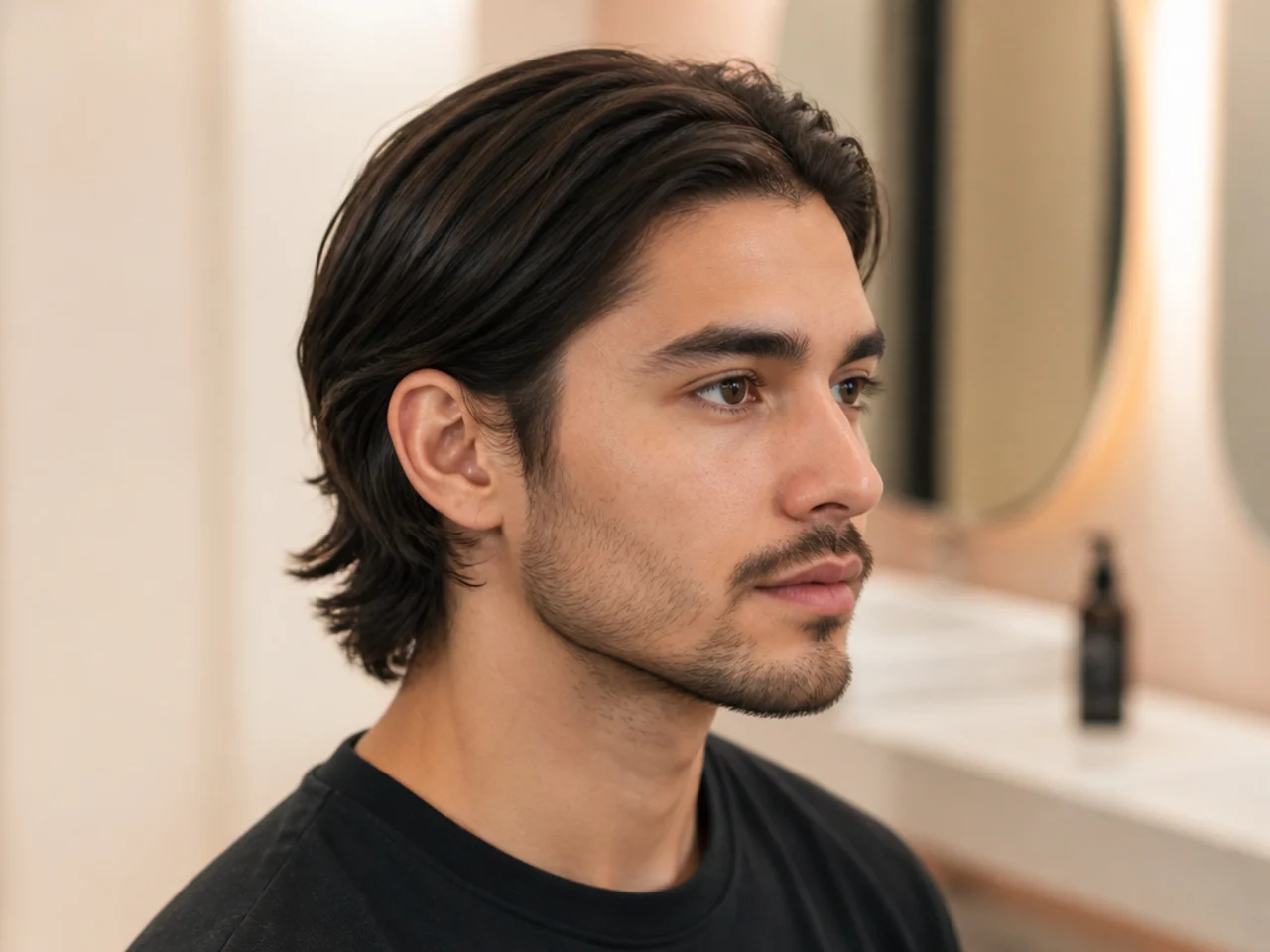 Behind the ears tuck medium length mens hairstyle with hair tucked back