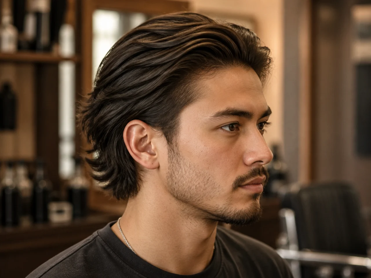 Matte brushed back medium hairstyle for men with texture and lift