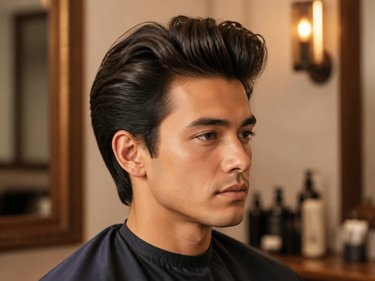 Voluminous blow out pompadour styling on medium length mens hair