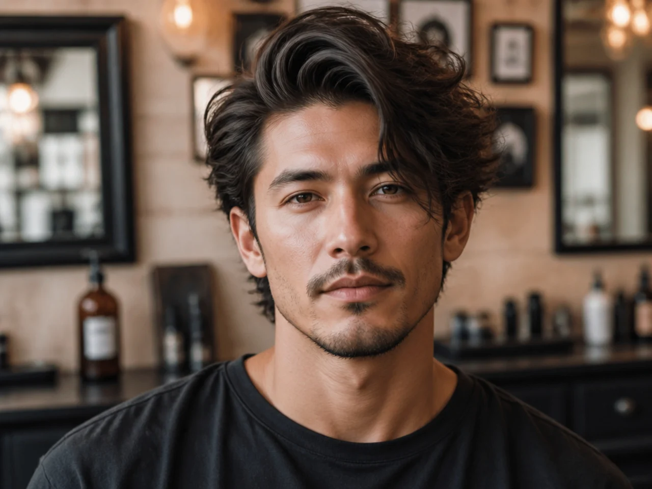 Loose side swept medium length hairstyle for men styled with cream
