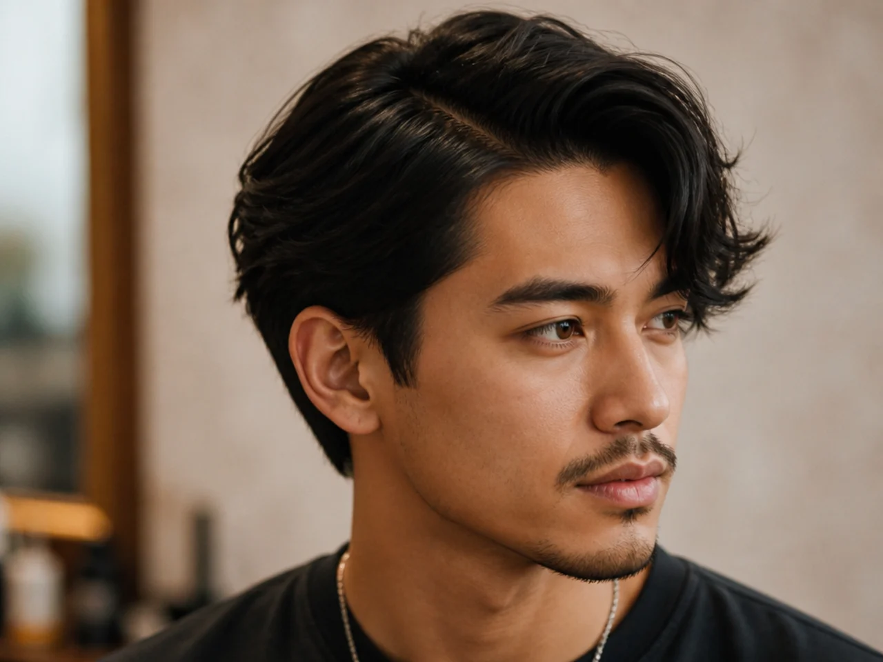 Deep side part medium hair styled with pomade for a polished finish