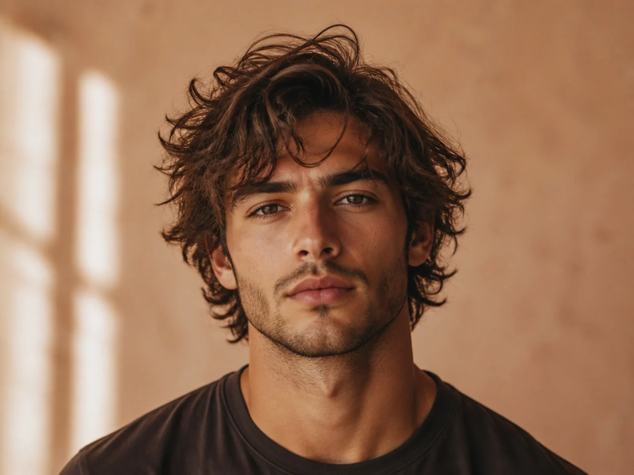 Tousled bedhead medium length mens hairstyle with sea salt spray finish
