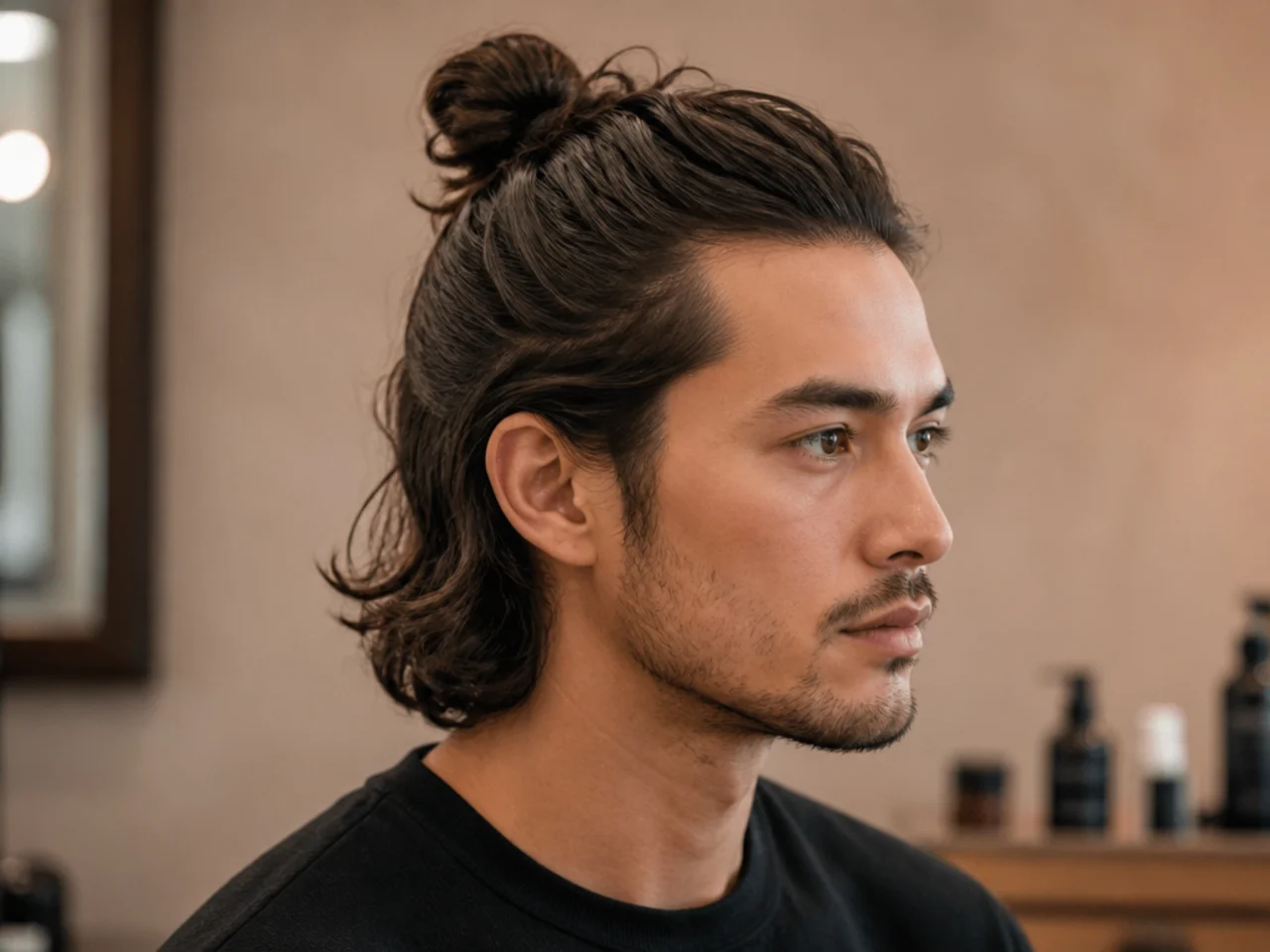 Half up top knot medium length hairstyle for men tied at the crown