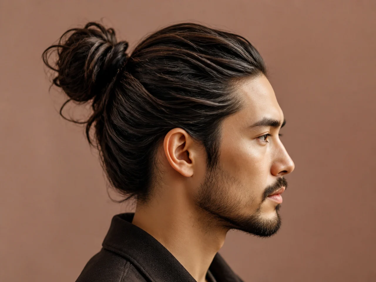 Full man bun medium length hairstyle gathered at the nape