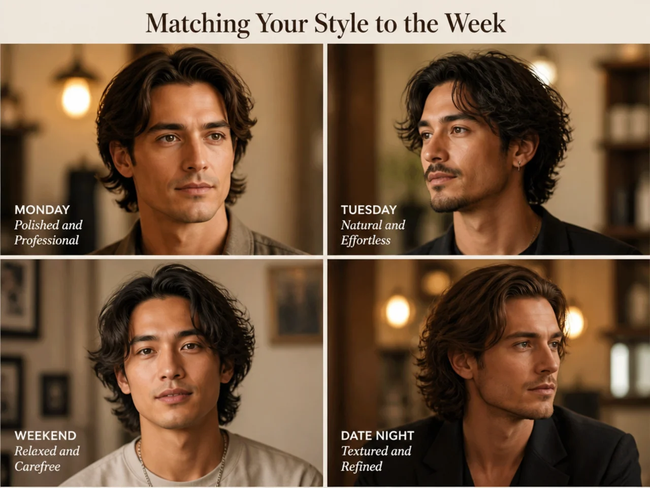 Three medium length hairstyle finishes shown side by side for weekday and weekend wear