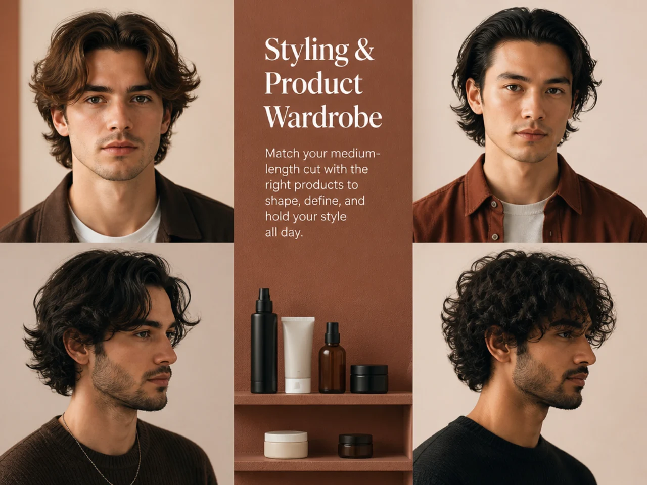 Product wardrobe for medium length mens hairstyles including clay pomade cream and spray