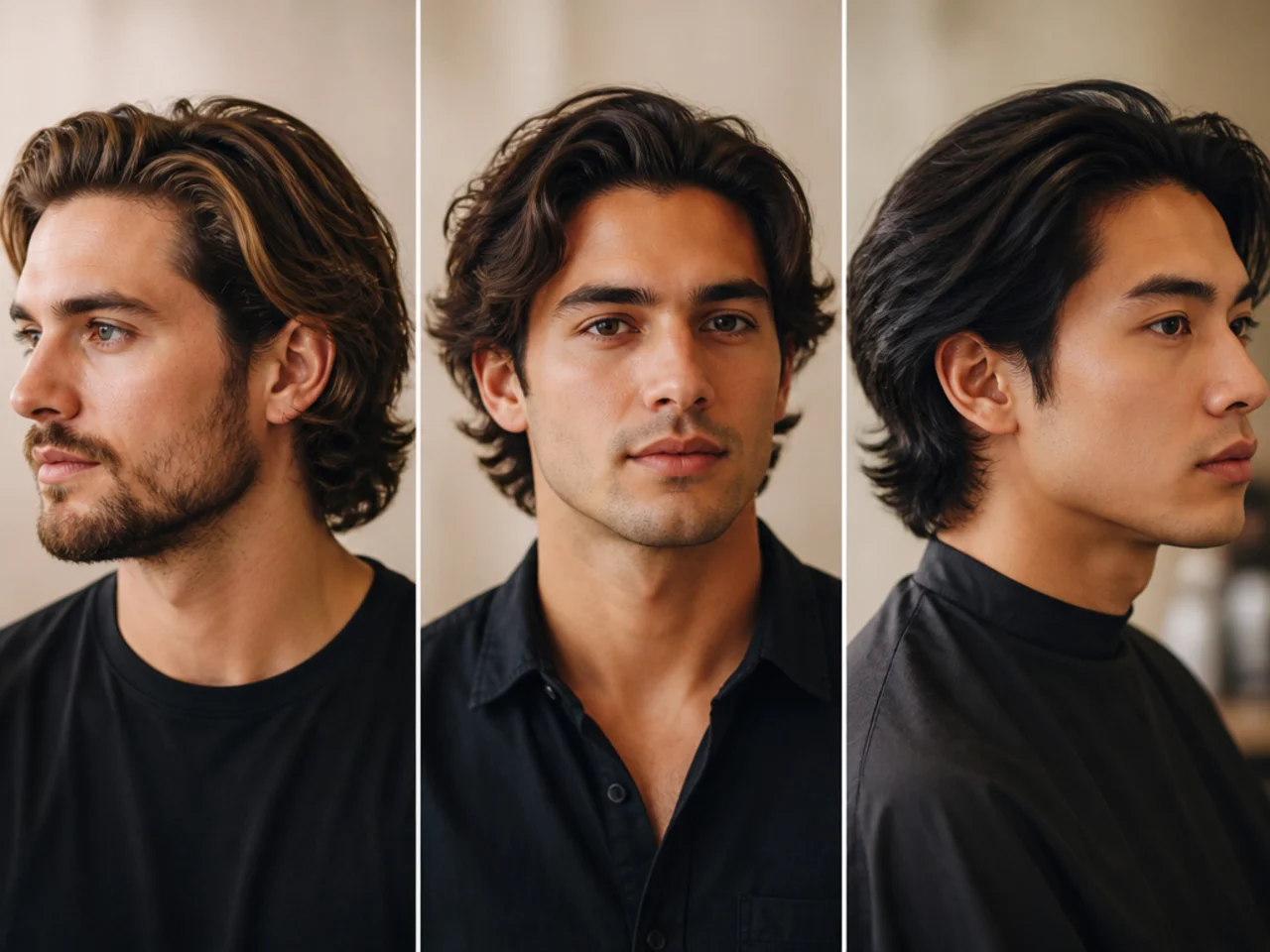 Medium length hair styled loose and brushed back at a barbershop