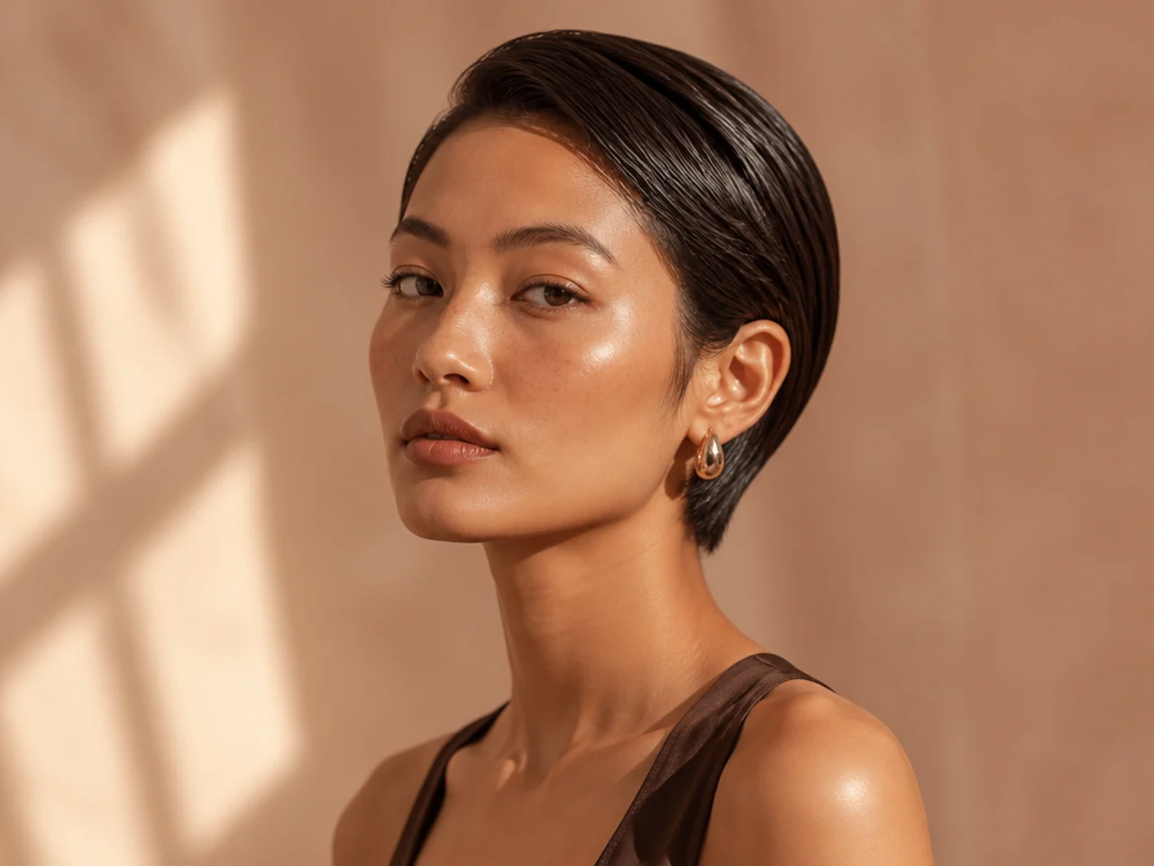 A slicked short straight style