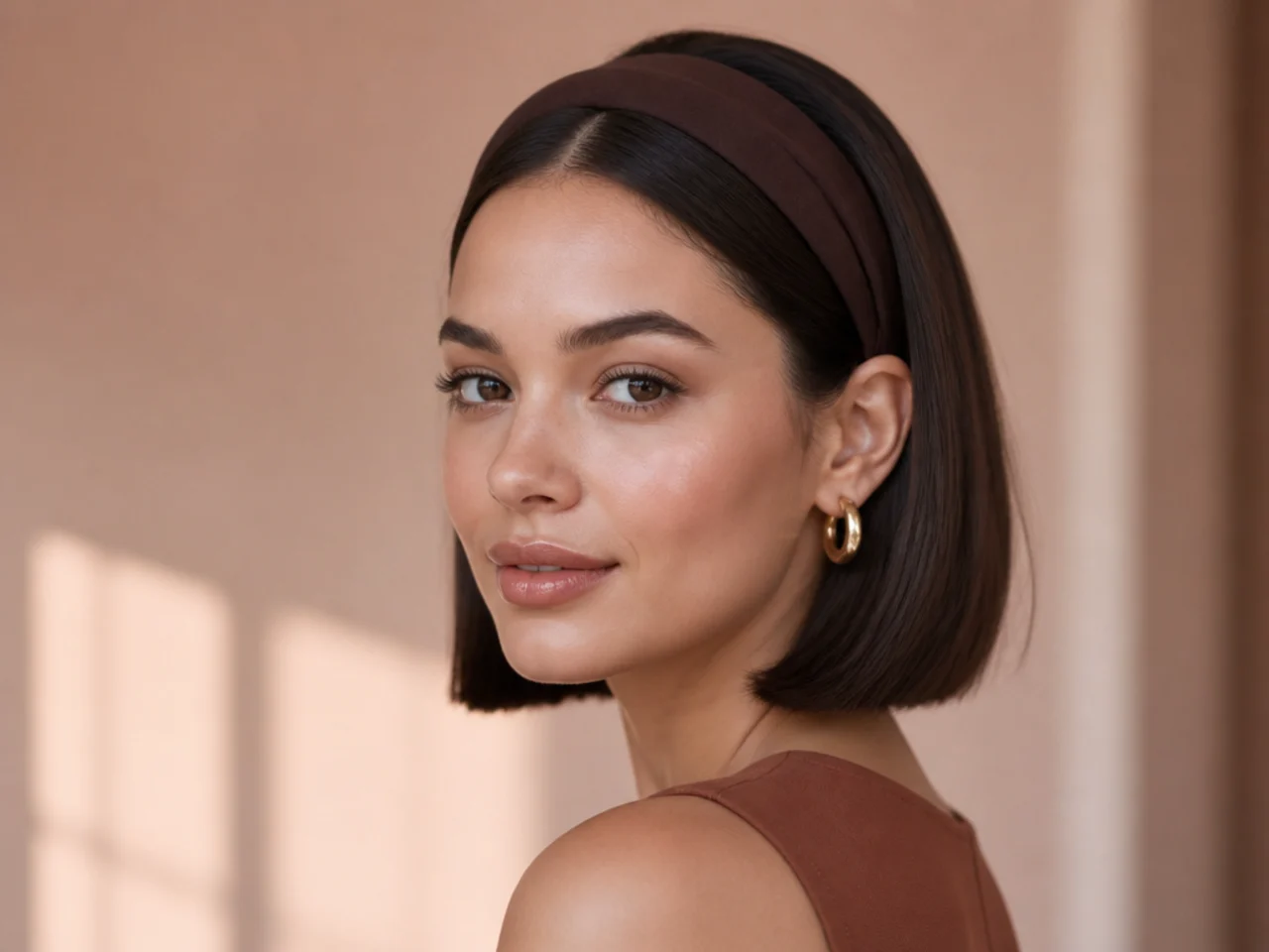 A headband worn over a straight bob