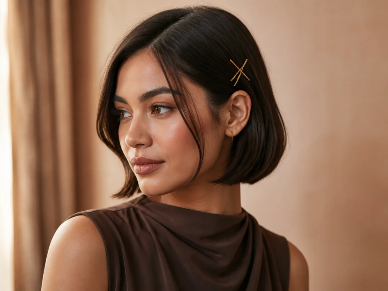 Crossed pins holding short straight hair