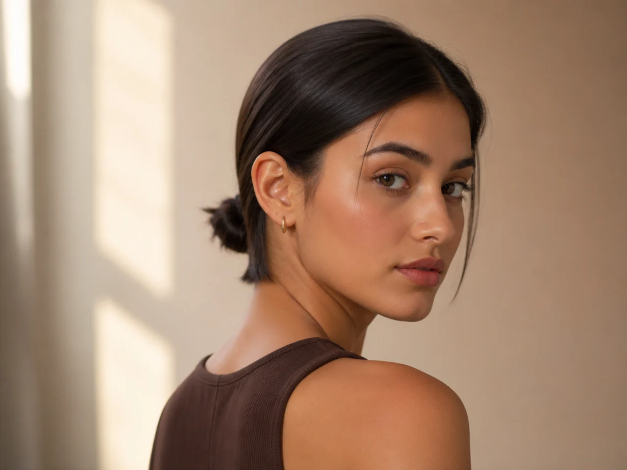 A tiny low bun on short hair