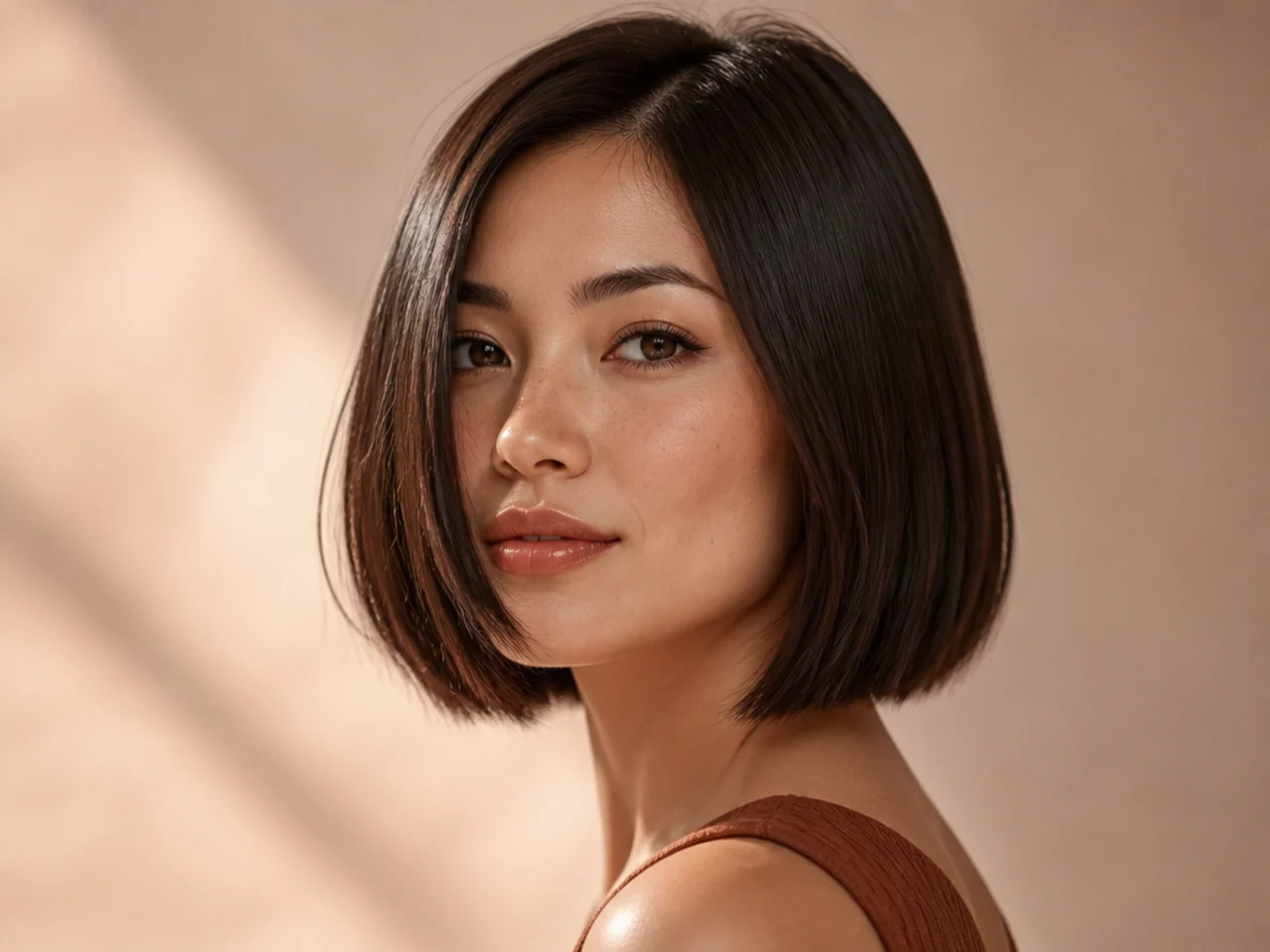 Three-quarter view of a styled short straight look