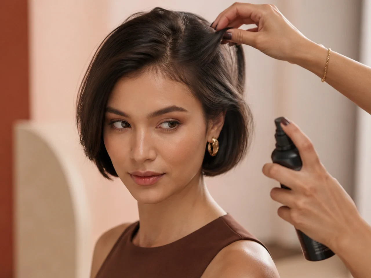 Texture spray applied before pinning short hair