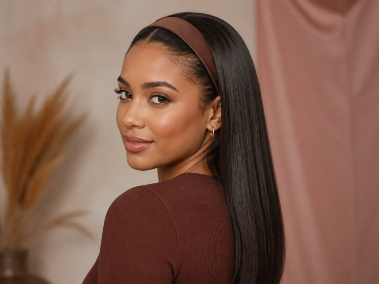 Pressed hair worn with a headband